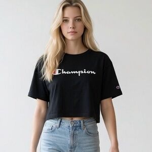 Champion Cropped Boxy Short Sleeve Women's Black T-Shirt Size XL Athleisure
